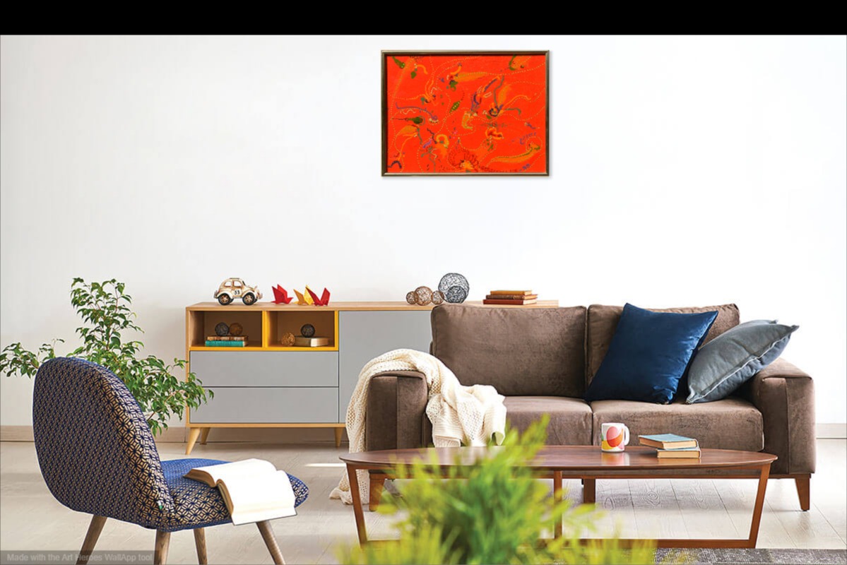 on wall image of abstract orange painting inspired by Paul Klee