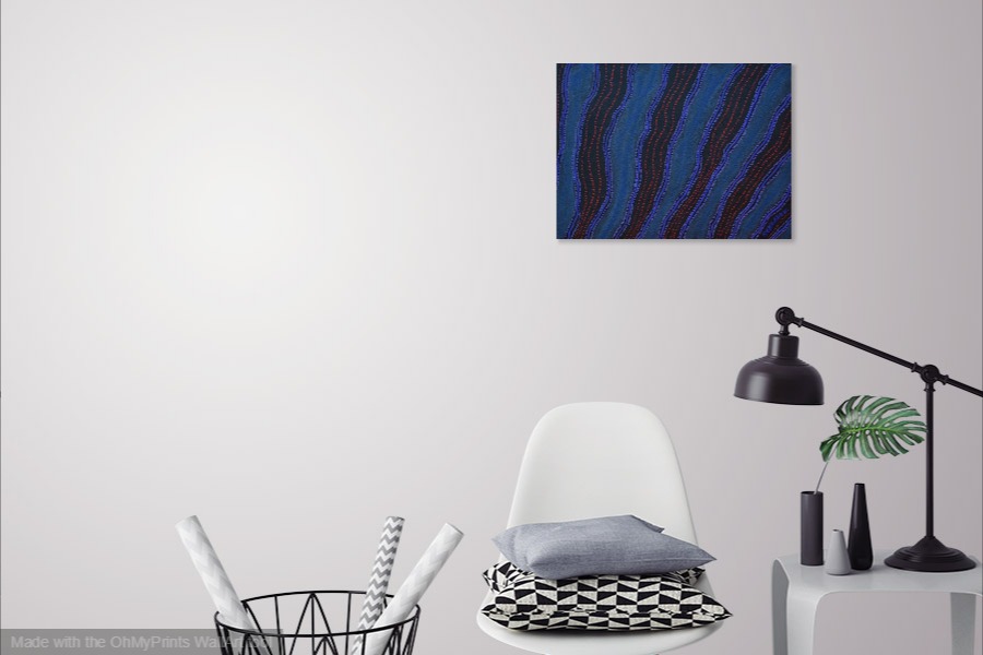 black and blue abstract original painting displayed on wall
