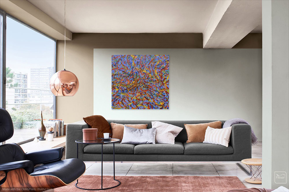contemporary abstract blue multicoloured action painting on wall