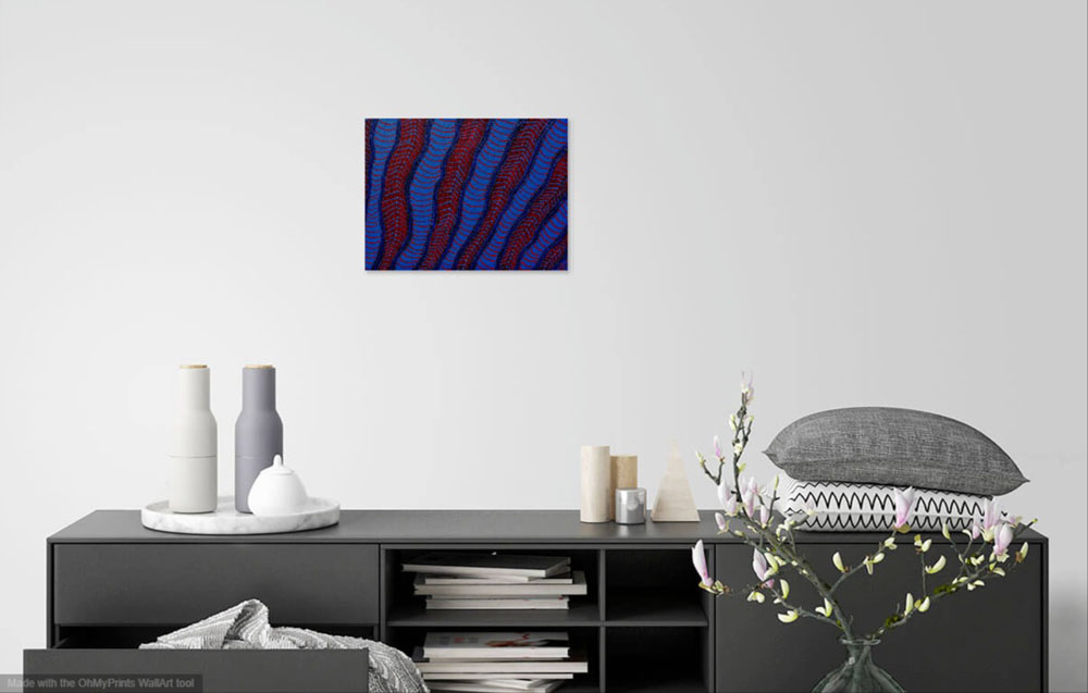 on wall image of red and blue abstract original painting